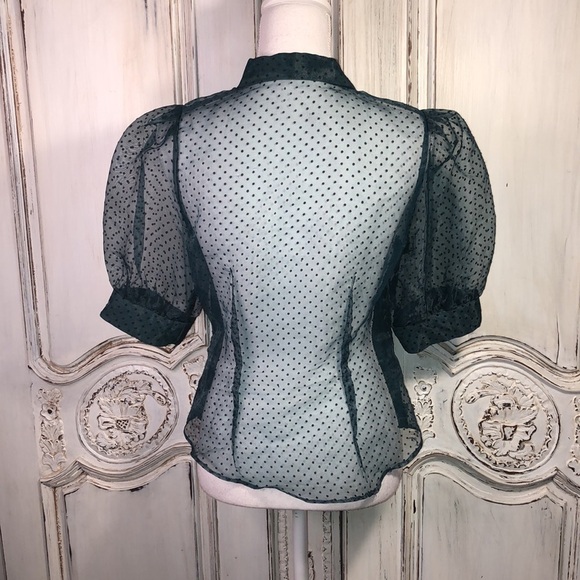 Haute Monde  Sheer Dotted Swiss Puffed Sleeve Button Down Blouse Size Small - Picture 8 of 11